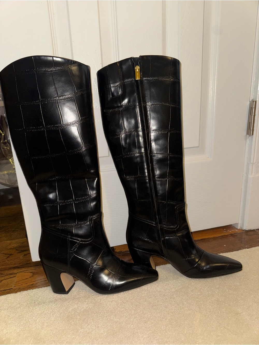 Black Croc-Embossed Knee-High Leather Boots